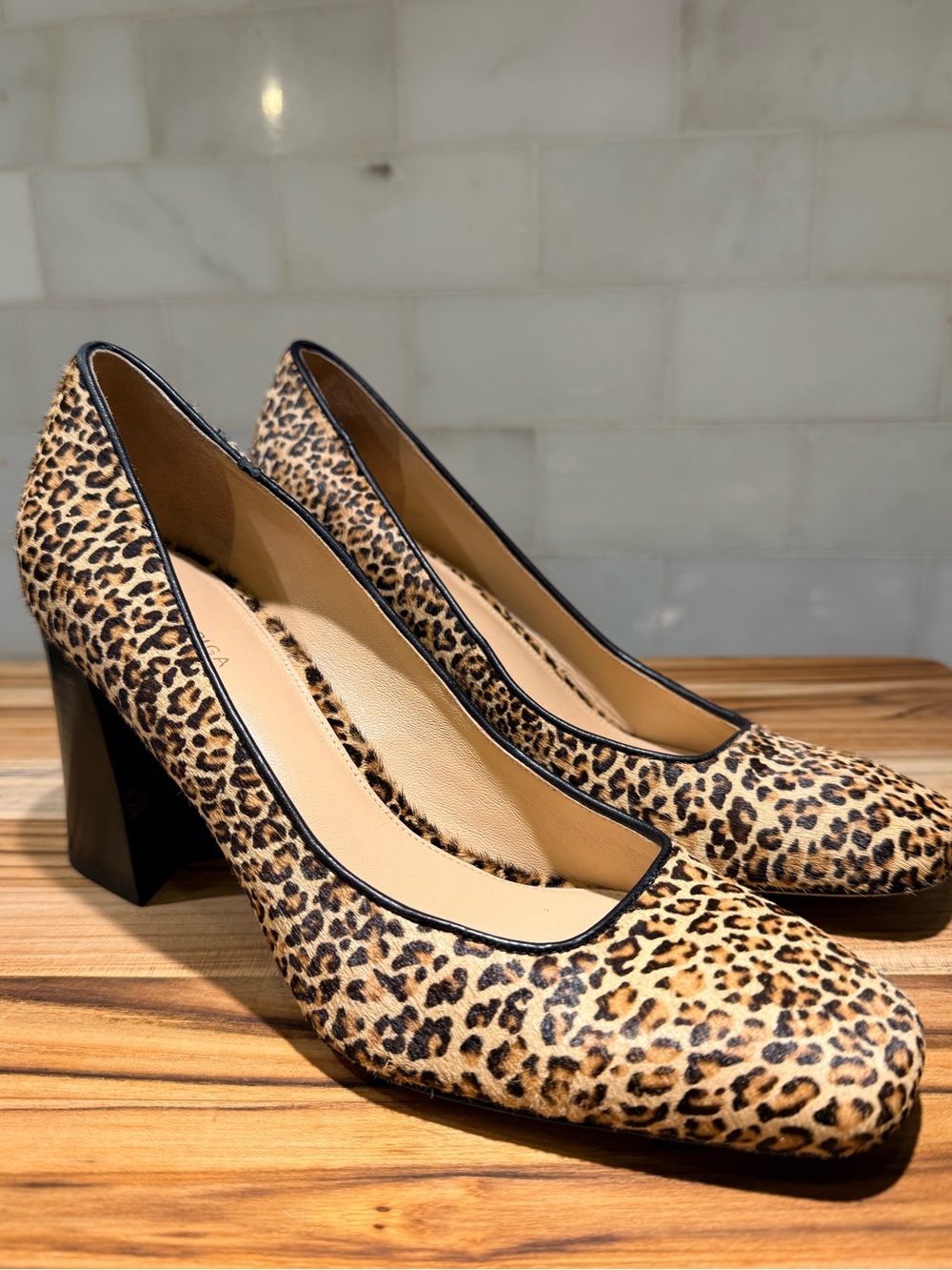 Via Spiga Leopard Print Block Heel Pumps - Tan/Black